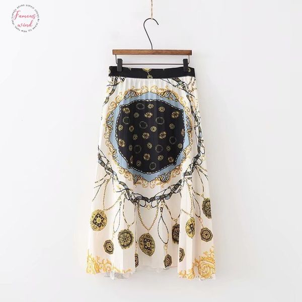 

faldas mujer ladies side zipper casual chic patchwork brand skirts new women vintage totem print pleated midi skirt, Black
