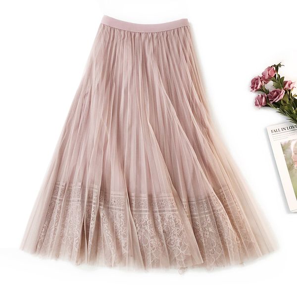 

elegant women skirts 2020 new spring high waist slimming long pleated skirt floral lace patchwork midi skirt saias faldas jupe, Black