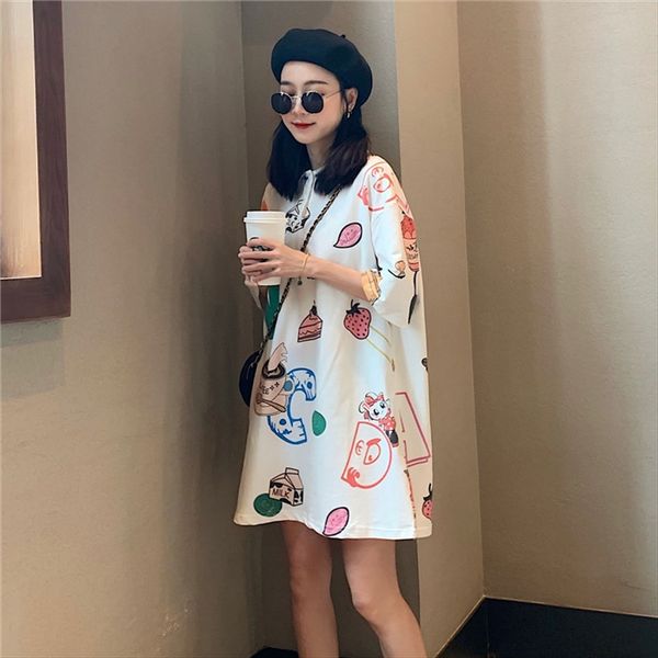 

academic style cartoon printing loose all-match polo collar midi short-sleeved t-shirt academic style cartoon printing loose all-match polo, White