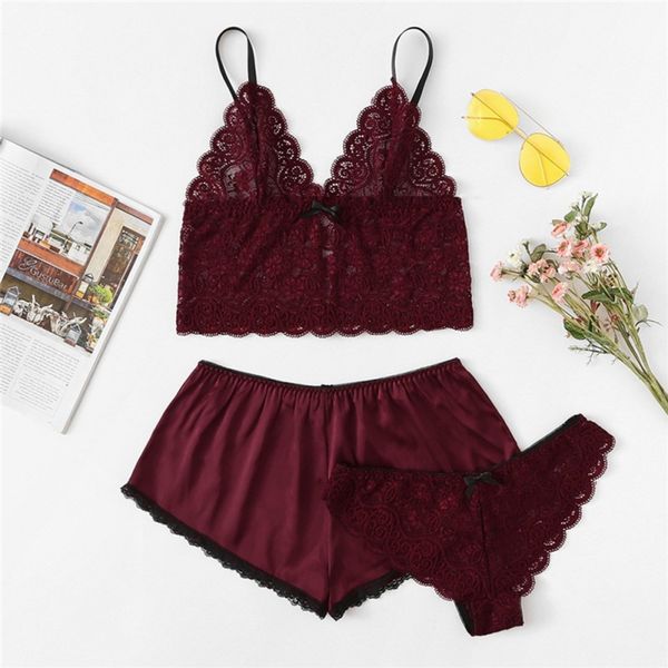 

women's sleepwear women pajamas sets summer hollow out lace perspective lingerie camisole briefs shorts laides suit 3pcs, Black;red