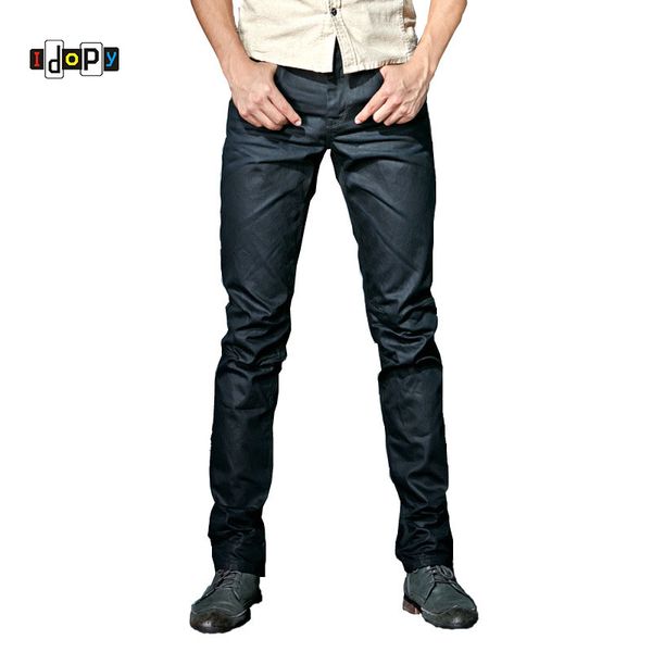 

idopy мужские джинсы с покрытием корейская мода прохладный вощеный воском slim fit байкер джинсовые брюки, Blue