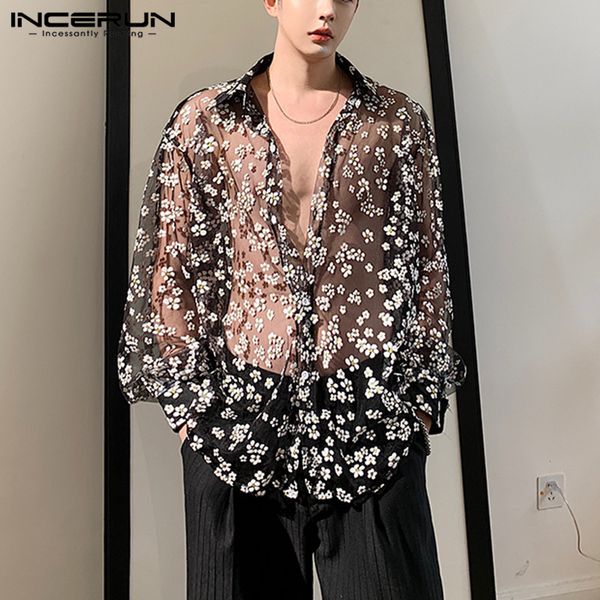 

incerun fashion men mesh shirt long sleeve transparent printing casual loose blouse streetwear lapel party clubwear casmia, White;black