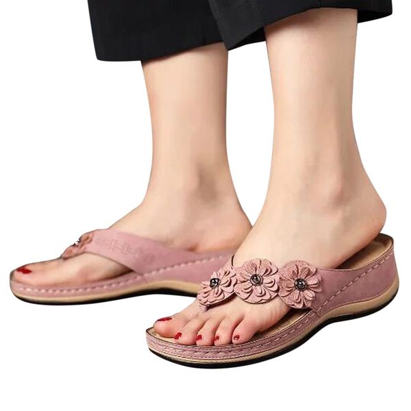 

shoes woman summer women flip flops sandals flowers flat round head comfortable casual flip-flops shoes big size dropshipping, Black