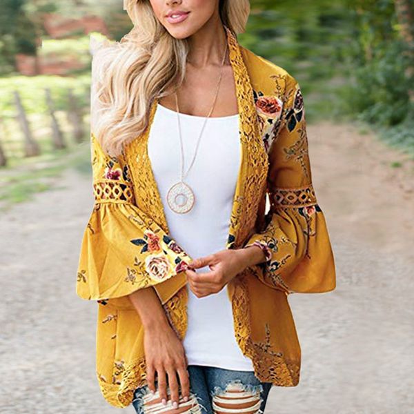 

women cardigan long sleeve lace cardigan printed autumn plus size lady kimono outwear, Black;brown