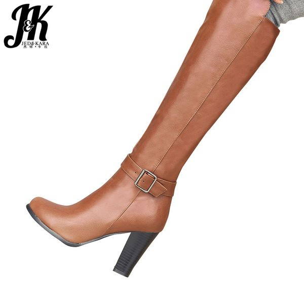 

jk 2018 high heels women boots autumn boot round toe zip short plush footwear fashion knee high feminine shoes big size 34-43, Black