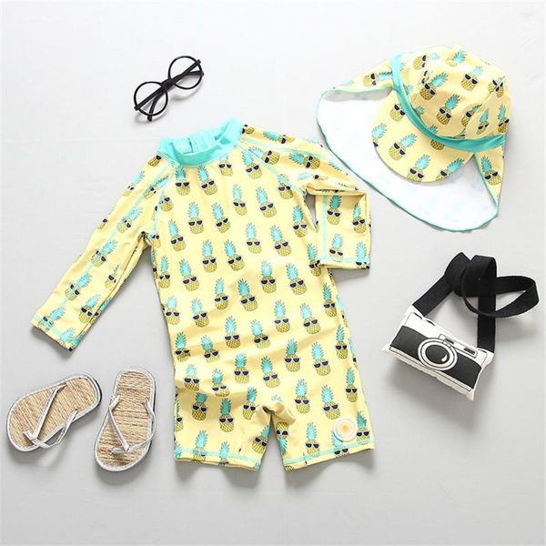 

children pineapple print swimming suits one-piece swimsuit baby infant sun protection long-sleeved surfing suit swimwear 2020