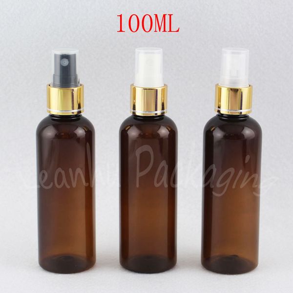 100 ml kahverengi yuvarlak omuz plastik şişe ile altın sprey pompası, 100cc boş kozmetik konteyner, toner / su paketleme şişesi