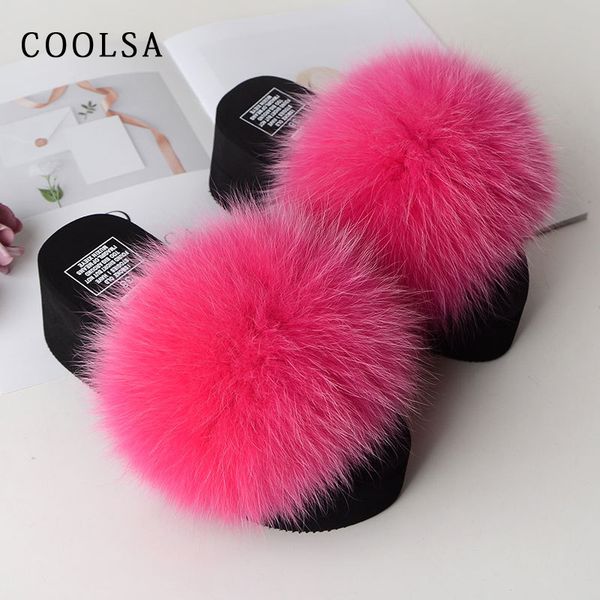 

fashion summer wedge women fur slippers fluffy real fox fur slides soft platform shoes home slippers woman furry fur flip flops t200411, Black