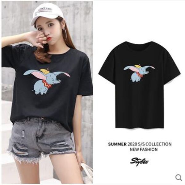 

dumbo short sleeve cotton t-shirt for women 2020 new sesame street cartoon printed round neck student loose bf blouse, White