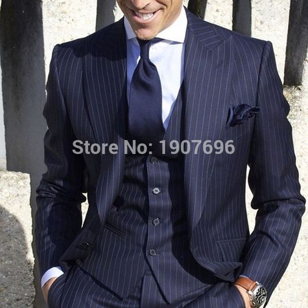 

navy prinstripe business men suits for wedding tuxedo 2019 peaked lapel three piece blazer groomsmen tuxedos jacket pants vest, Black;gray