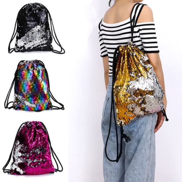 

sequin drawstring bags reversible sequin backpack glittering shoulder bags for girls women -opk