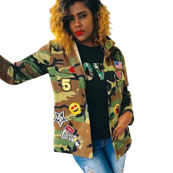 

autumn women designer jacket fashion camouflage lapel neck patch designs loose coats spring autumn casual women outerwear, Black;brown