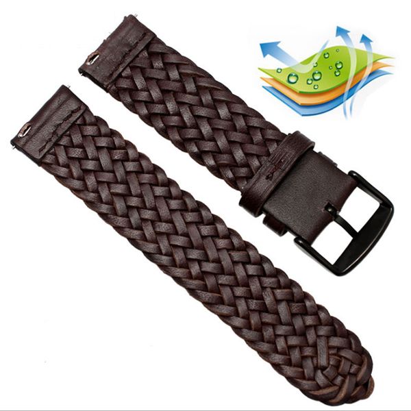 

22mm 24mm genuine leather watch band straps black brown braid by hand watchband