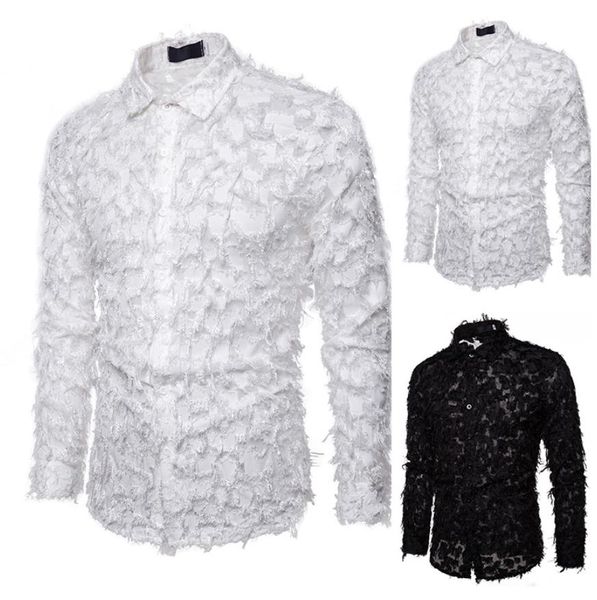 

2020 men's feather shirt handmade solid feather fabric lapel long sleeve single breasted cardigan solid color shirt a147, White;black