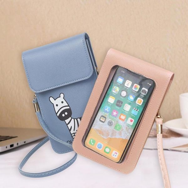 

cartoon animal mobile phone bag with back side clear touching screen window leather bag bolsa feminina handbag women torebka