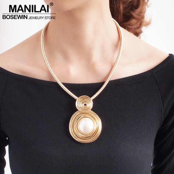

manilai simulated pearl chokers necklaces for women handmade rope chain bib collar maxi statement necklace jewelry, Golden;silver