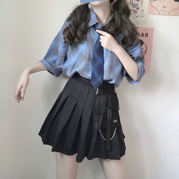 

japanese women sweet small fresh solid color skirt young girl cute student summer new tooling dark punk big pocket pleated skirt, Black