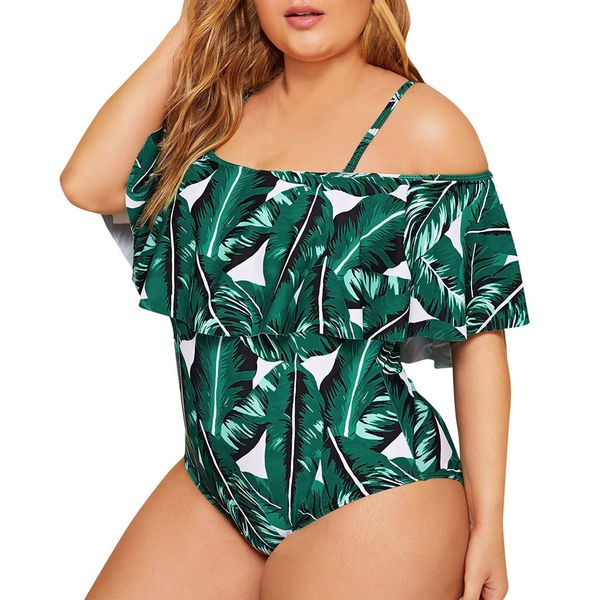 

2019 plus size xl-l4 leaf print ruffle strap swimwear women one piece swimsuit backless swim suit beachwear biquinis feminino, White;black