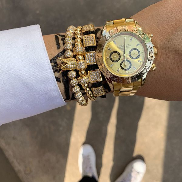 

3pcs/set luxury cz square ball charms copper bead macrame handmade men crown bracelets set bracelets & bangles for men jewelry, Golden;silver