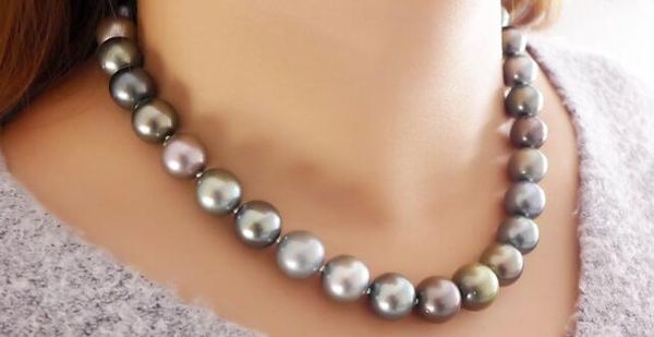 

fine pearls jewelry 18"13-16mm natural tahitian black multicolor pearl necklace, Silver