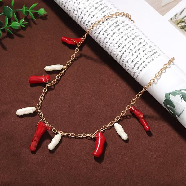 

girlgo new fashion red link necklaces for women trendy 2pcs beaded collar choker necklaces jewelry party holiday gift wholesale, Golden;silver