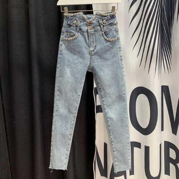 

2020 spring summer jeans new high waist jeans beaded harem cropped women's slim-fit denim pencil pants spodnie damskie, Blue