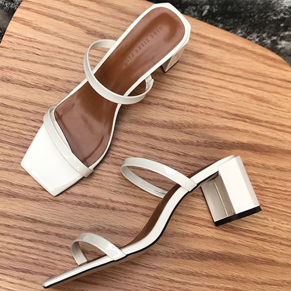 

narrow band patent leather slippers woman slip on flip flops summer shoes women outside joker chunky high heels slides femme2020, Black