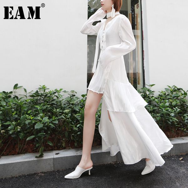 

eam] 2019 new spring summer v-neck long sleeve white brief irregular hem loose temperament dress women fashion tide ju693, Black;gray