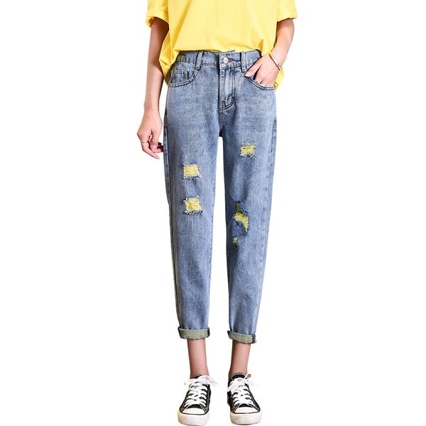 

spring 2019 spring new large size contrast color hole fashion loose personality casual slightly broken jeans, Blue