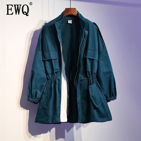 

ewq] 2019 spring autumn stand collar long sleeve solid patchowrk drawstring jacket women coat femals fashion tide ah226, Black;brown