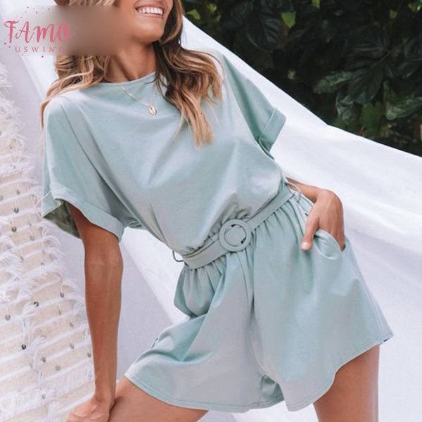 

solid casual 2019 summer women playsuits romper beach belt tie loose female high fashion cotton playsuit, Black;white