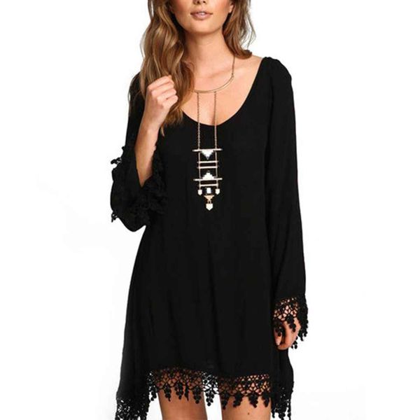 

women spring autumn tassel edge long sleeve black dress loose chiffon short dress, Black;gray