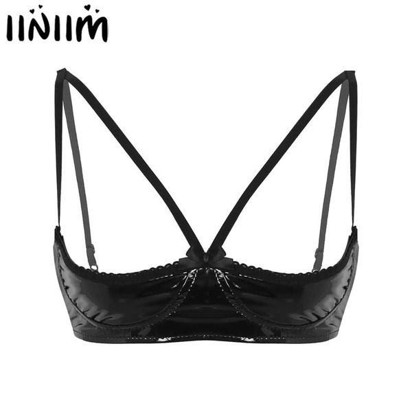 

bras womens faux leather exotic lingerie nightwear open sheer tanks vest wire-unlined bra for night party, Red;black