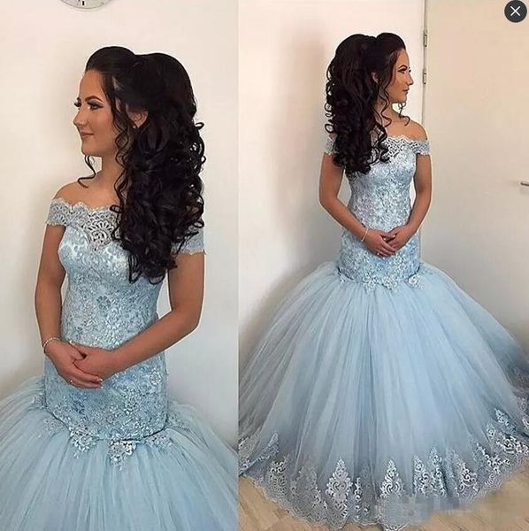 

light blue off the shoulder prom dresses mermaid appliques lace and tulle girls pageant dress floor length lace up back party evening gowns, Black