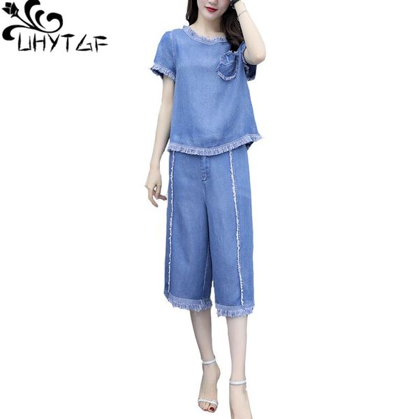 

uhytgf denim two piece set summer clothes for women fashion tassels pullover +wide-leg pants tracksuit female plus size 1442, White