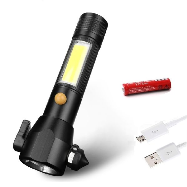 

usb rechargeable 18650 flashlight xml t6 cob led torch camping lantern seat belt cutter rescue hammer light for emergency safety