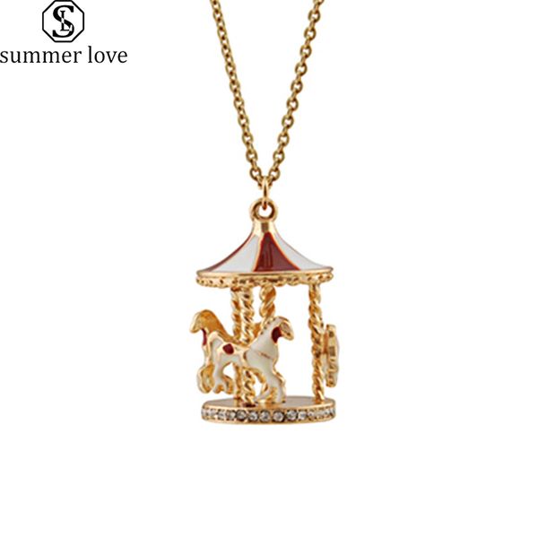 

10 pcs/lot cute animal carousel horse pendant necklaces fashion gold chain necklace women crystal sweater jewelry accessories, Silver