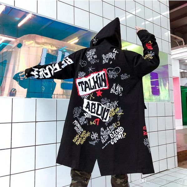 

winter men's new parkas jacket graffiti print hooded cotton wadded coats high street hip hop long padded thick outerwear