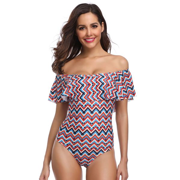 

2019 printed lace ruffle one shoulder one-piece swimsuit swimwear women bathing suit summer maillot