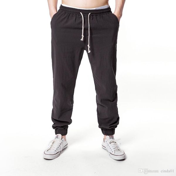 

mens british cotton and linen pants the drawstring tightens waist pure color loose style casual sweatpants, Black