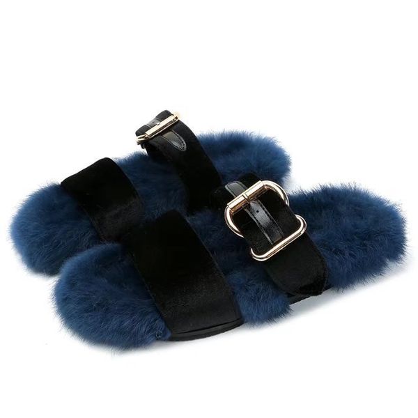 

women fur slippers plush slides summer autumn slippers metal buckle anti-skidding flip flops women flat shoes real fur, Black