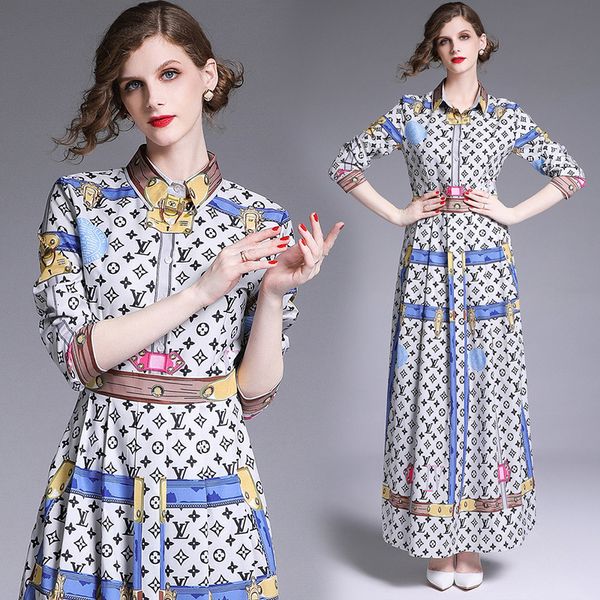 

New 2019 runway cla ic de ign luxury print hirt maxi dre women 039 ladie ca ual long leeve a line robe party de igner celebrity dre