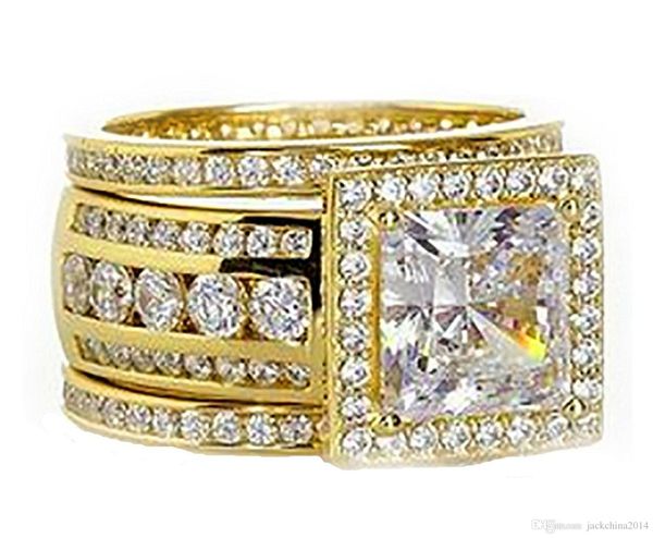 

victoira 3pcs wedding band ring luxury jewelry handmade solitaire 10kt yellow gold filled princess cut diamond women wedding band ring set, Slivery;golden
