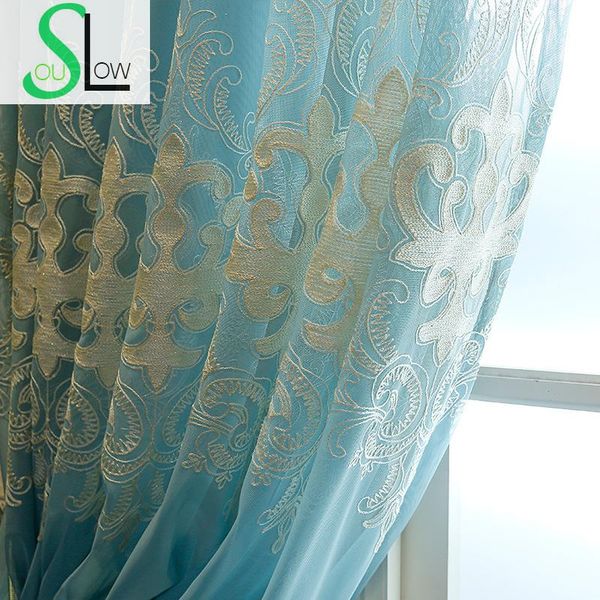 

slow soul] 2016 new silk milk chain korean garden living room blue white yellow tulle curtains luxury embroidered for modern