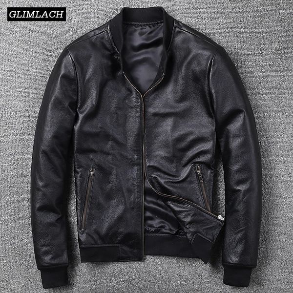 

black genuine leather bomber jackets mens cowskin stand collar large size 5xl real leather flight jacket male autumn pilot coat