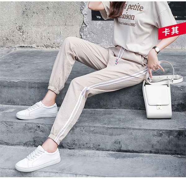 

women summer ankle length leisure pants bottoms female side striped pants sweatpants sportswear harem pants loose trousers, Black;white