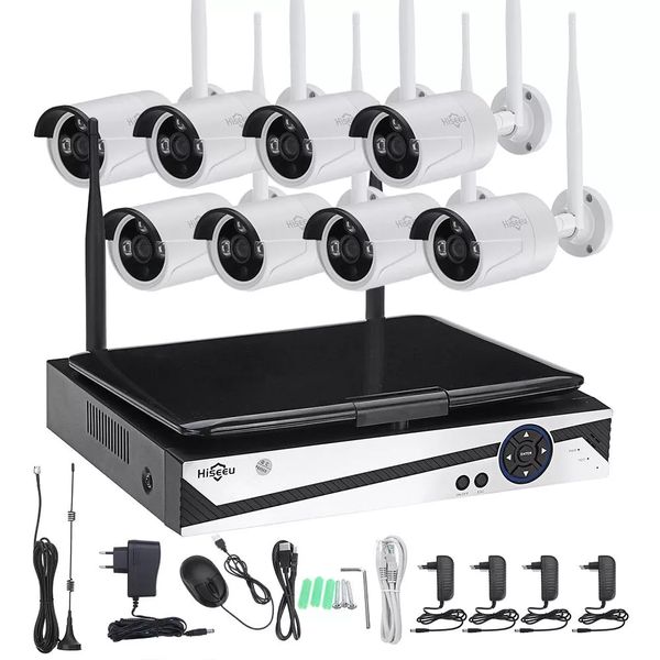 

hiseeu 10 inch displayer 8ch 1200p wireless cctv system nvr ip camera ir-cut bullet cctv home security system cctv kit