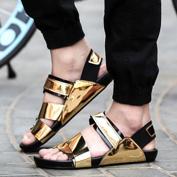

2016 summer men sandals gold pu leather sandals men fashion the most popular beach sandal 06, Black