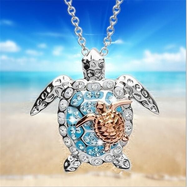 

unique big small sea turtle pendant necklace delicate rhinestone long chain necklace ocean animal silver jewelry