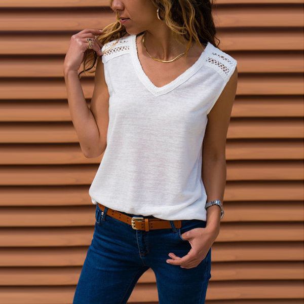 

fitness vest women clothing women's lace stitching solid v-neck tank sleeveless vest tank cut out bustier, White